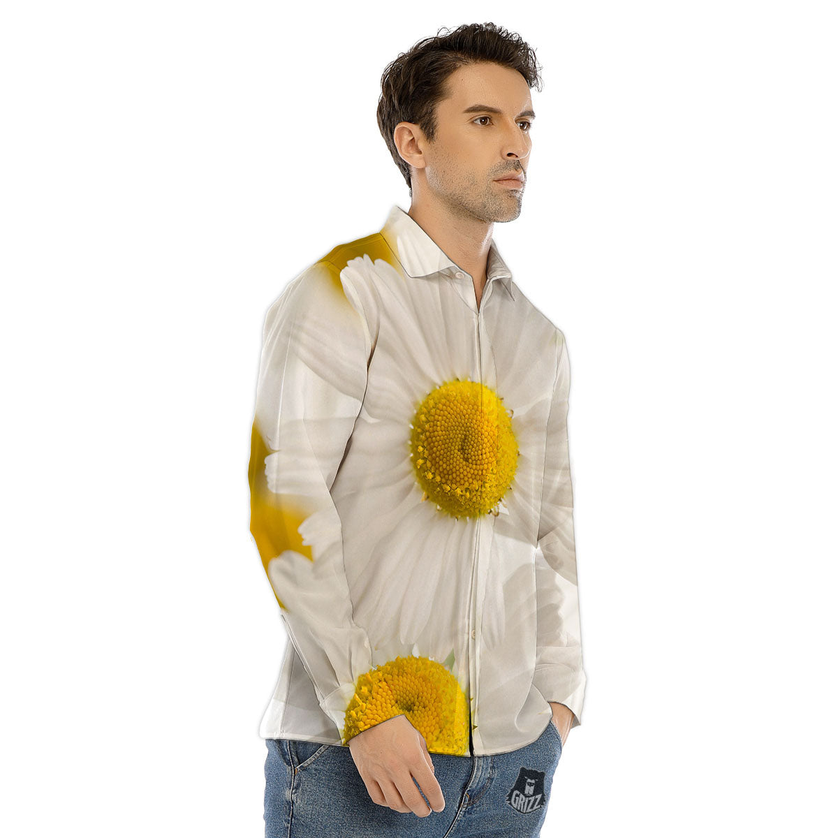 Flower White Daisy Print Men's Dress Shirts-grizzshop