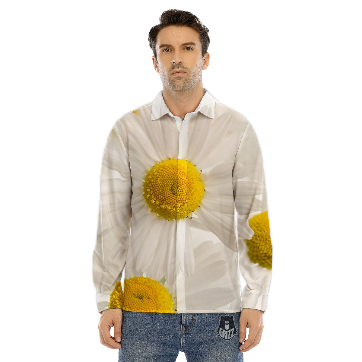 Flower White Daisy Print Men's Dress Shirts-grizzshop
