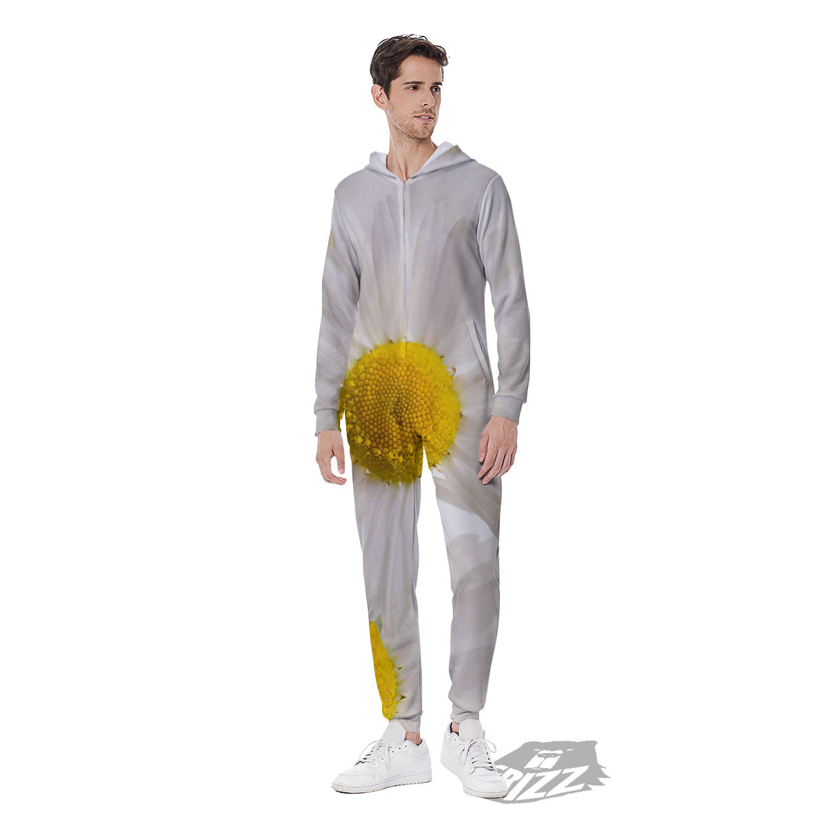 Flower White Daisy Print Men's Jumpsuit-grizzshop