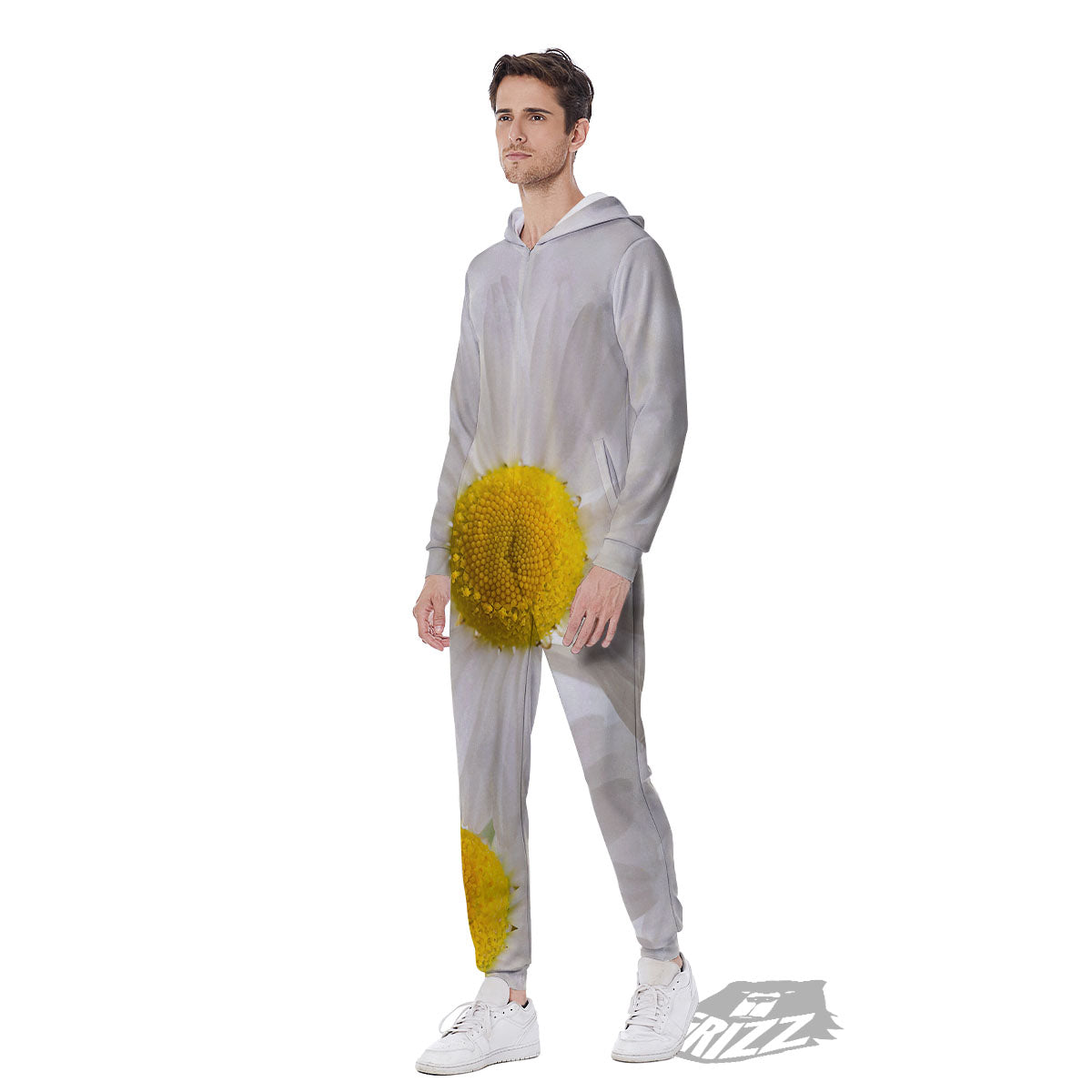 Flower White Daisy Print Men's Jumpsuit-grizzshop