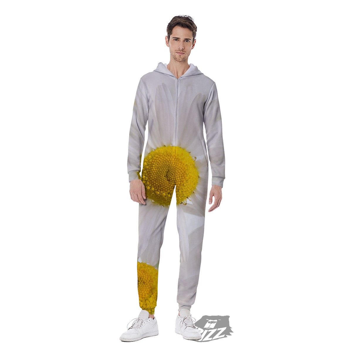Flower White Daisy Print Men's Jumpsuit-grizzshop