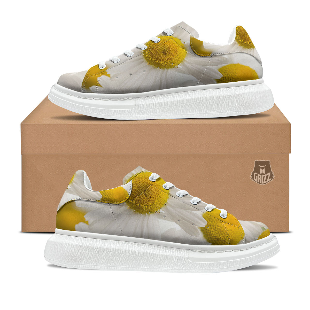 Flower White Daisy Print Platform Shoes-grizzshop