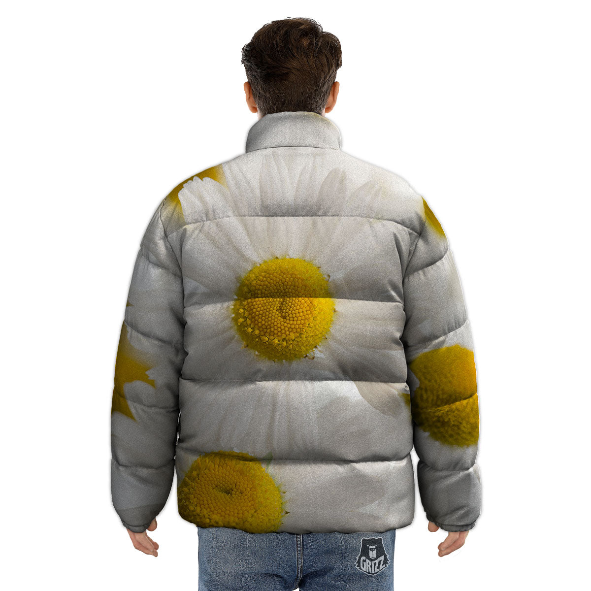 Flower White Daisy Print Puffer Jacket-grizzshop