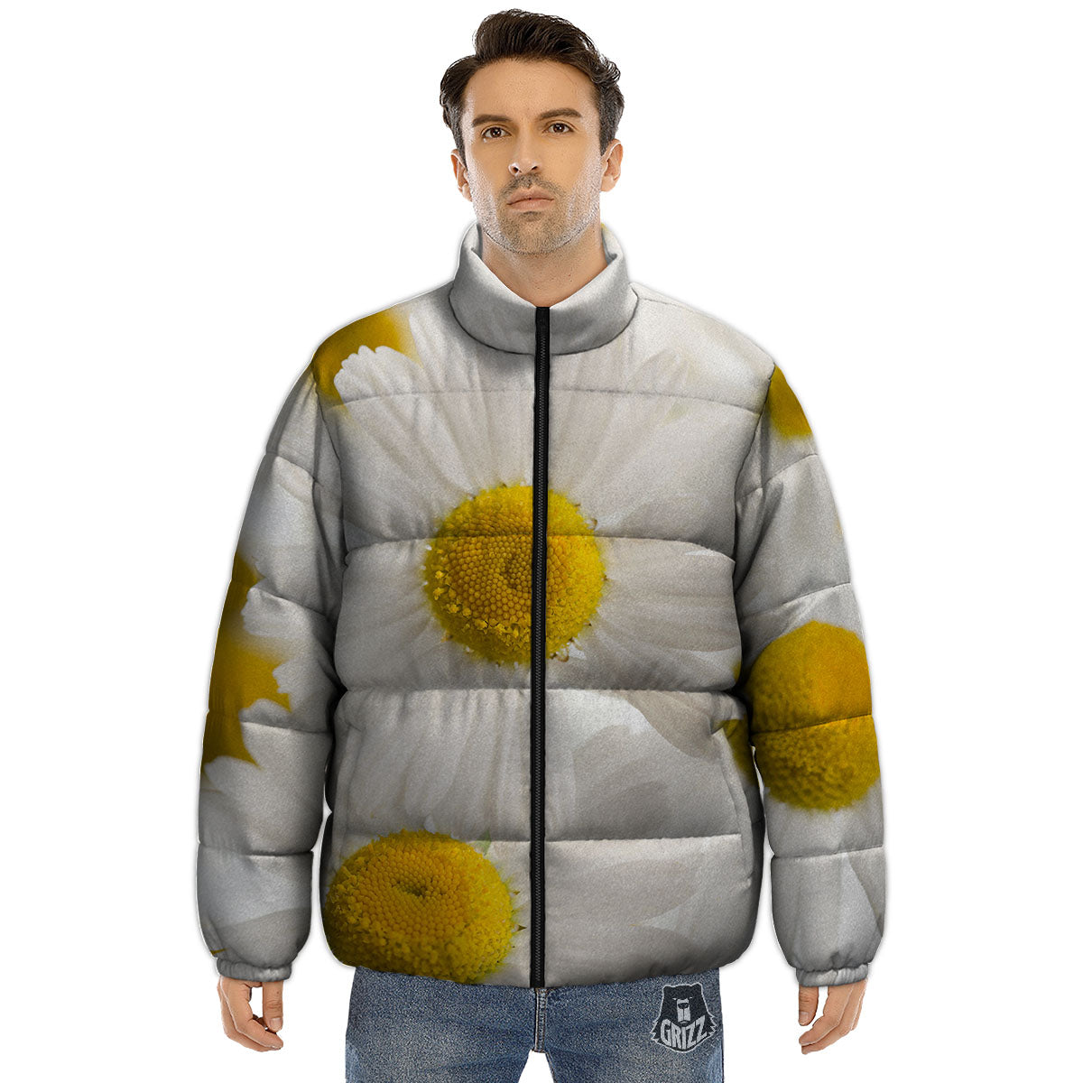 Flower White Daisy Print Puffer Jacket-grizzshop
