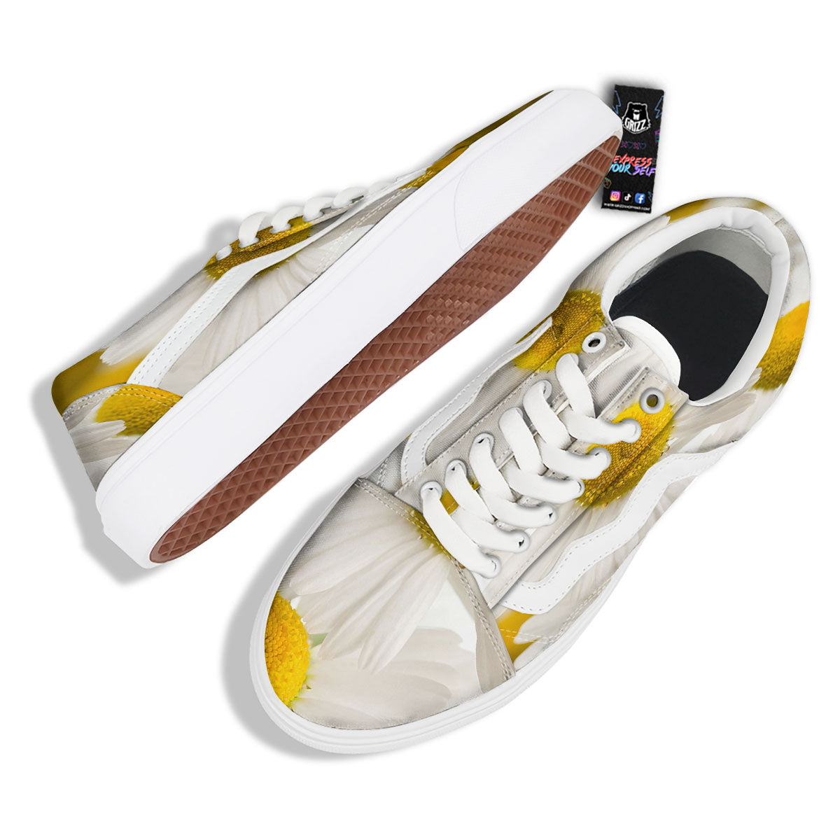 Flower White Daisy Print Skate Shoes-grizzshop