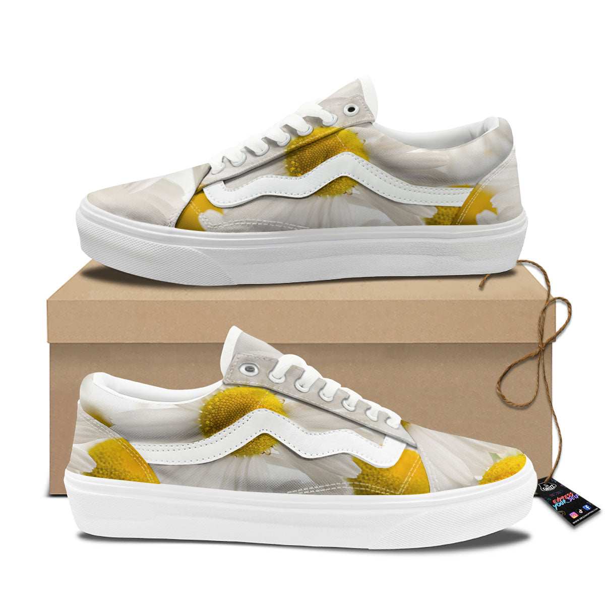 Flower White Daisy Print Skate Shoes-grizzshop
