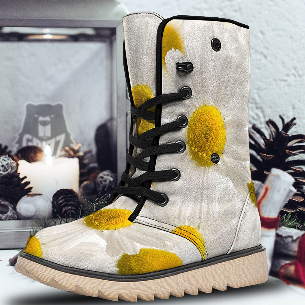 Flower White Daisy Print Snow Boots-grizzshop
