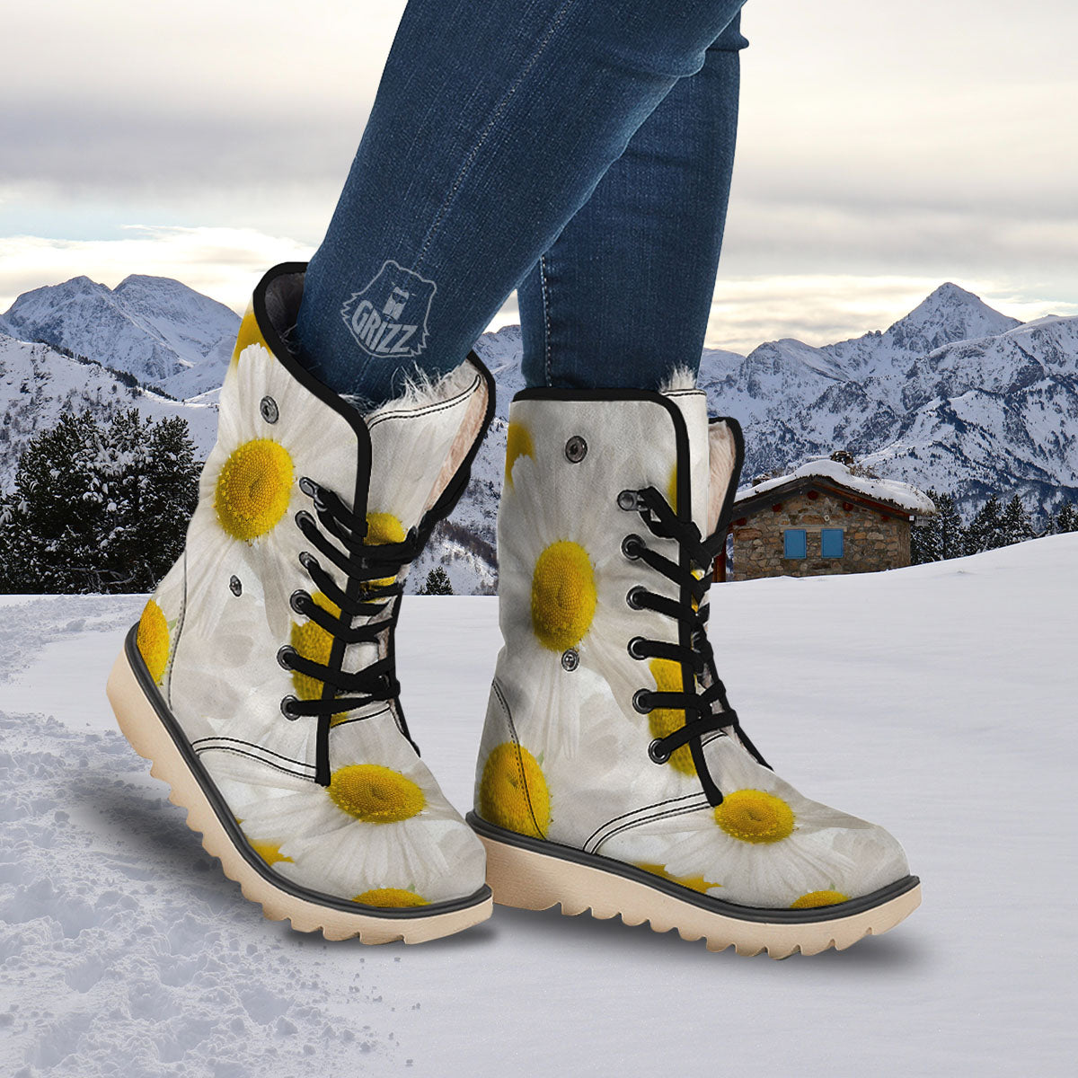 Flower White Daisy Print Snow Boots-grizzshop