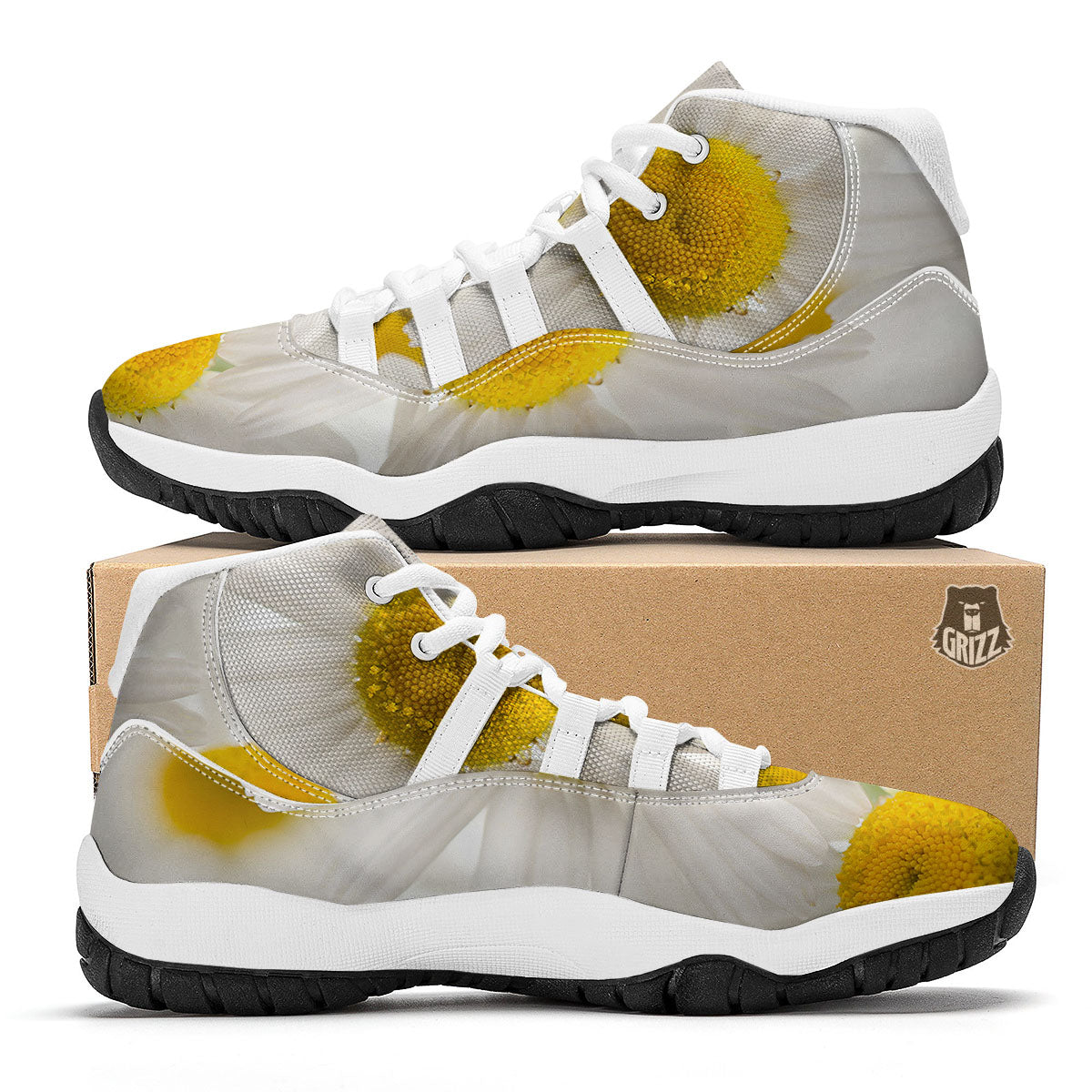 Flower White Daisy Print White Bball Shoes-grizzshop
