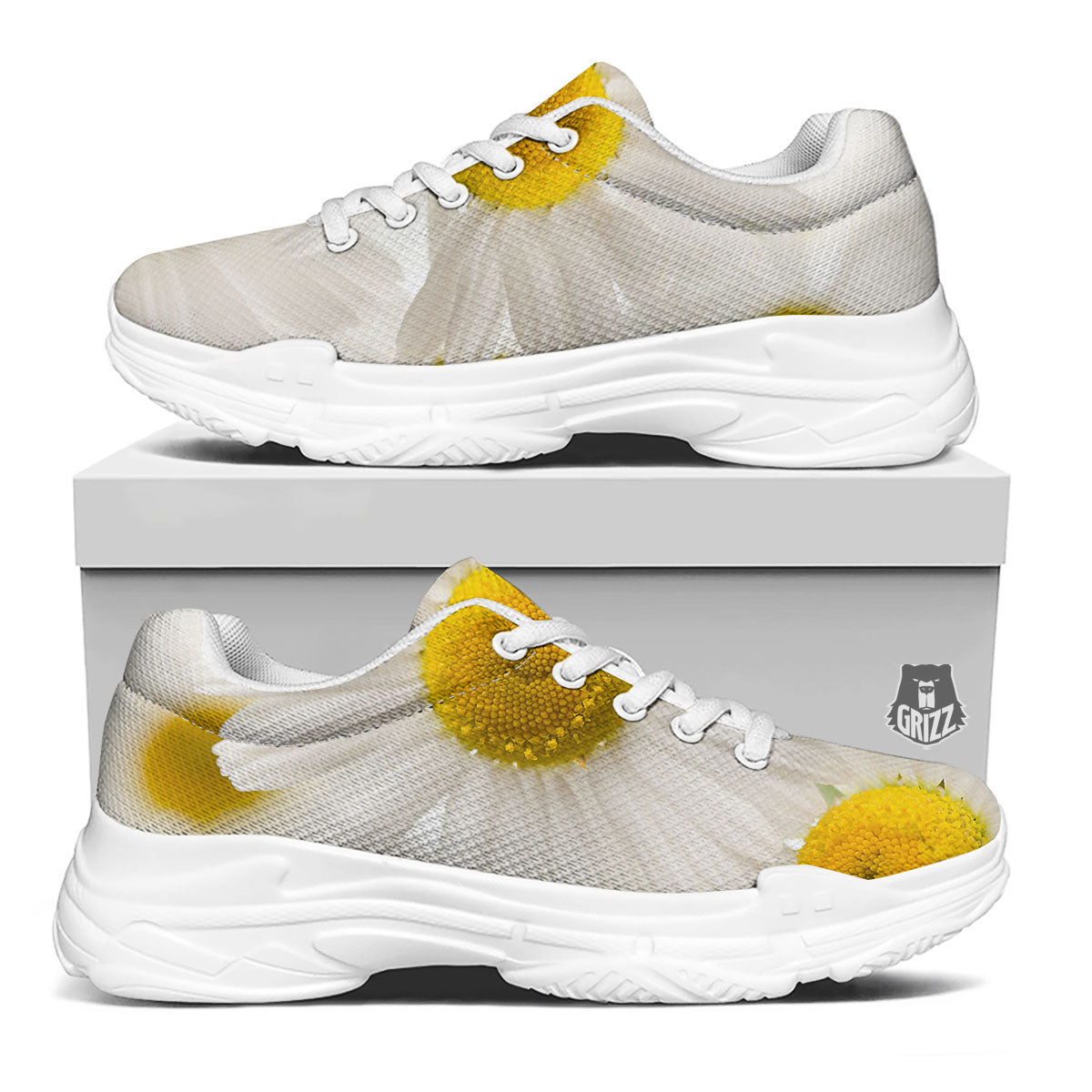 Flower White Daisy Print White Chunky Shoes-grizzshop