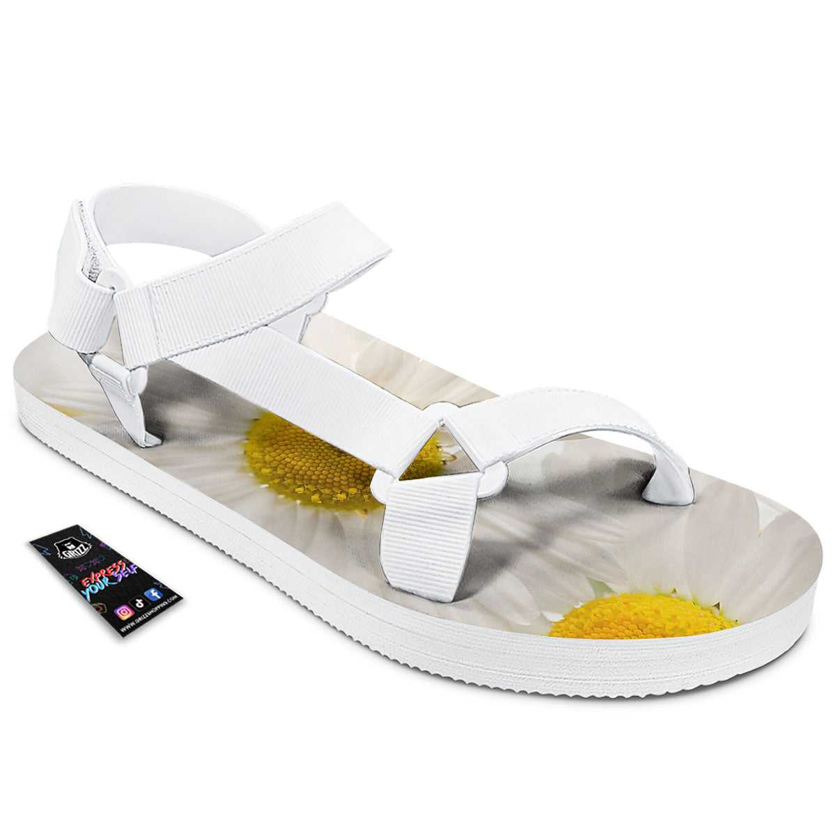 Flower White Daisy Print White Open Toe Sandals-grizzshop