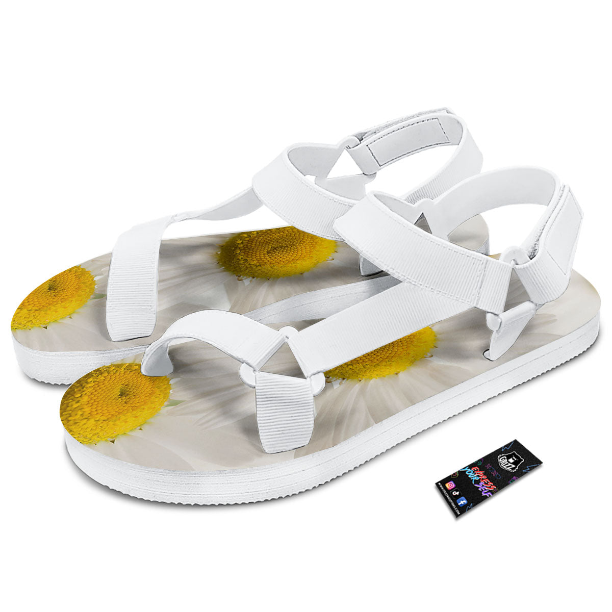 Flower White Daisy Print White Open Toe Sandals-grizzshop