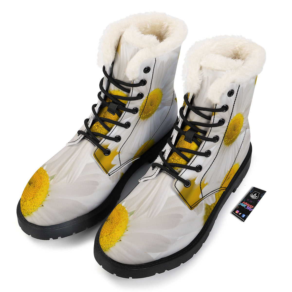 Flower White Daisy Print Winter Boots-grizzshop