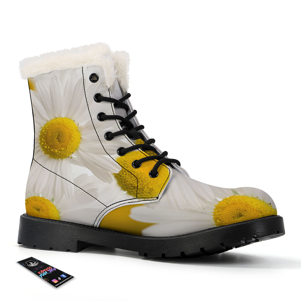 Flower White Daisy Print Winter Boots-grizzshop