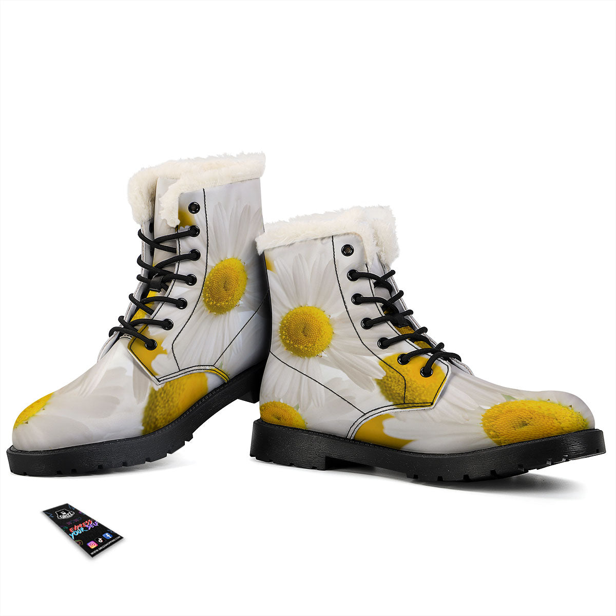 Flower White Daisy Print Winter Boots-grizzshop