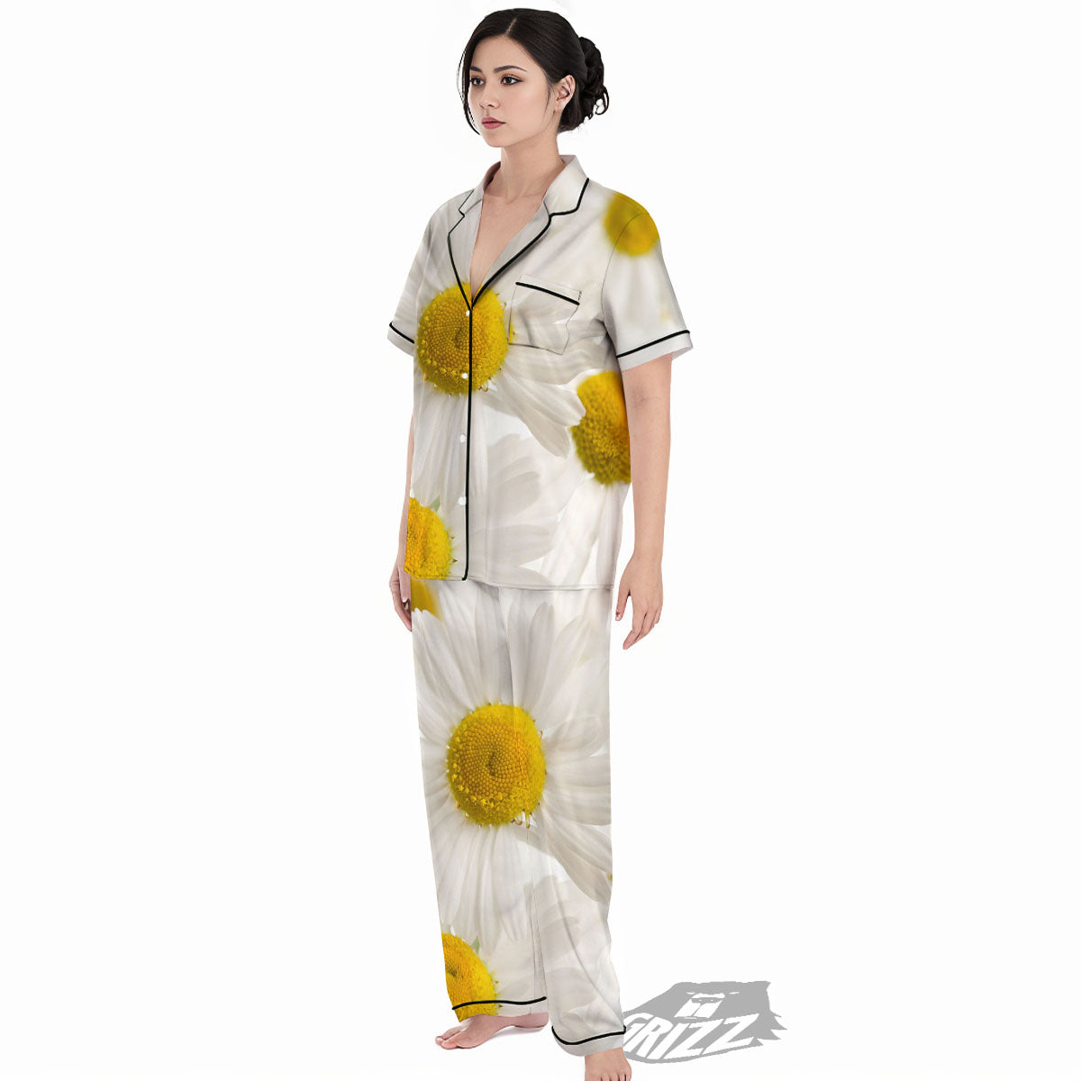 Flower White Daisy Print Women's Pajamas Set-grizzshop