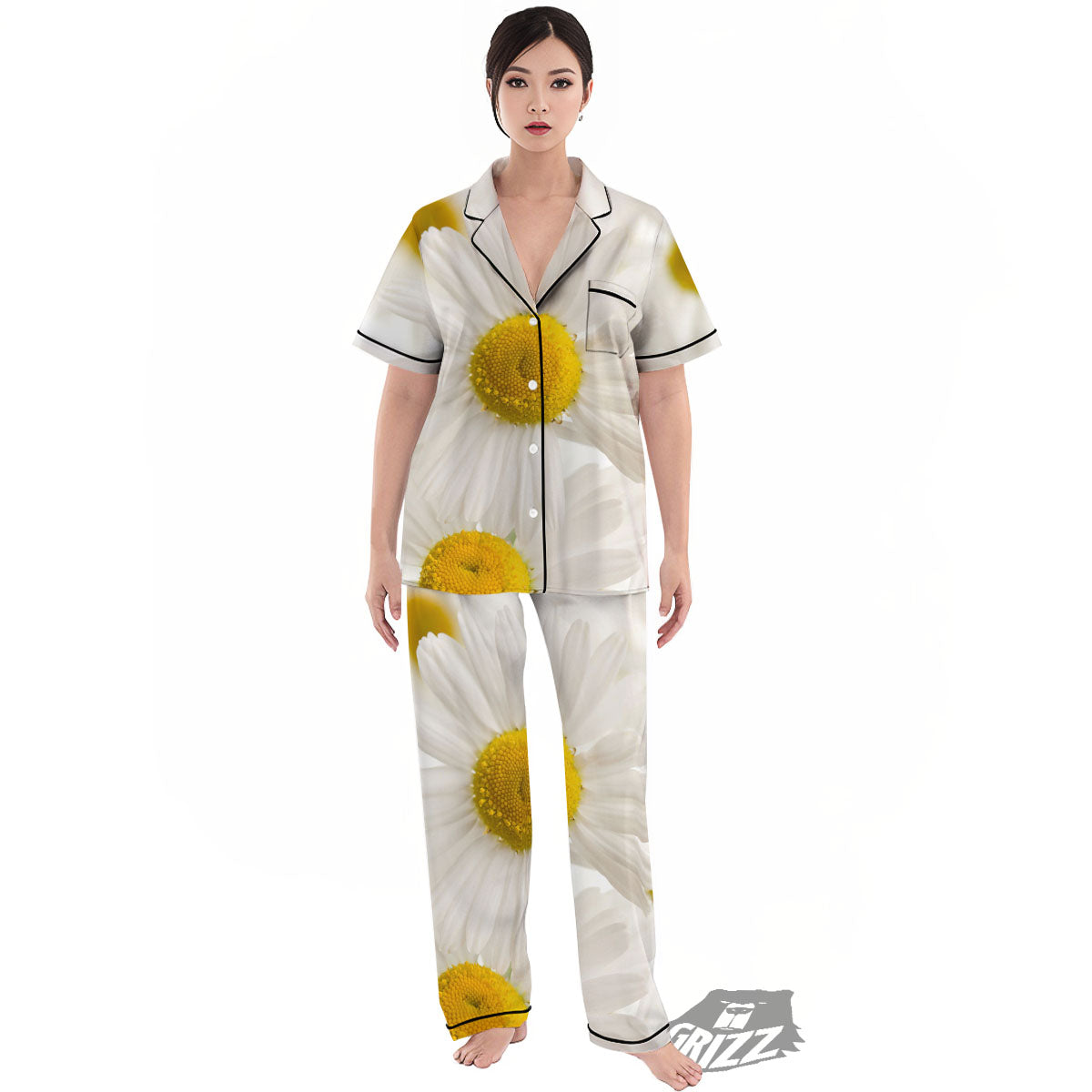 Flower White Daisy Print Women's Pajamas Set-grizzshop