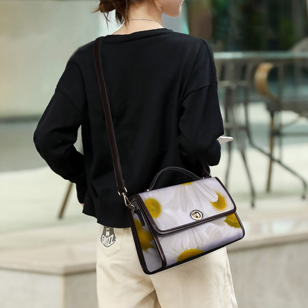 Flower White Daisy Print Women's Satchel Bag-grizzshop