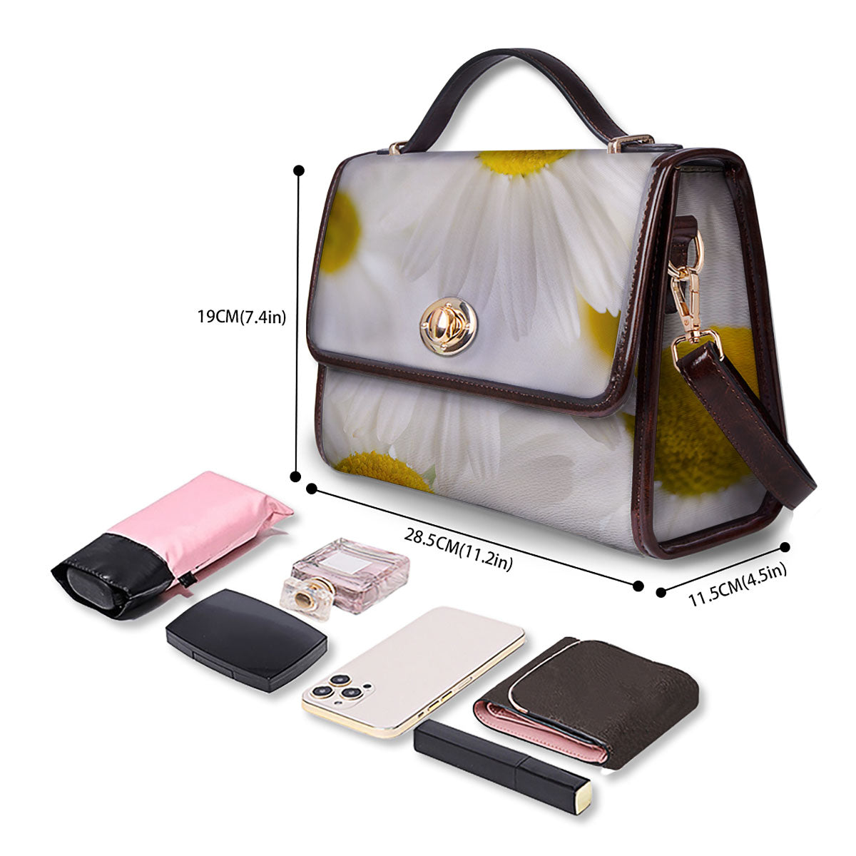 Flower White Daisy Print Women's Satchel Bag-grizzshop