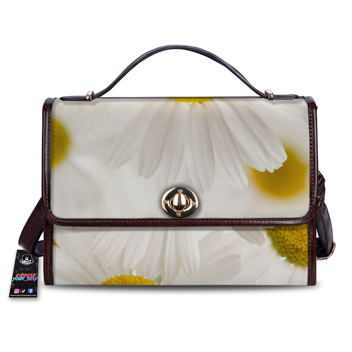 Flower White Daisy Print Women's Satchel Bag-grizzshop