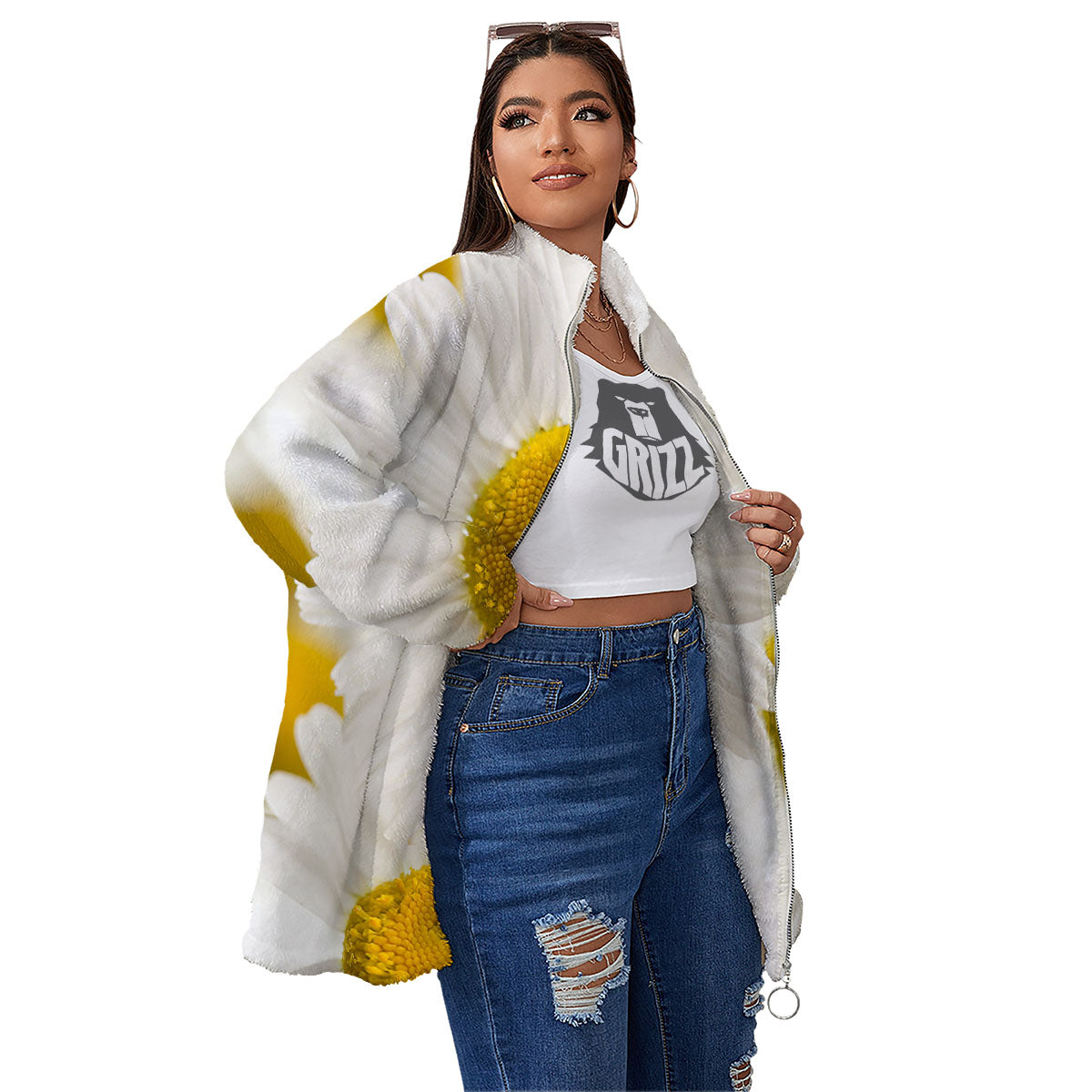 Flower White Daisy Print Women's Sherpa Jacket-grizzshop