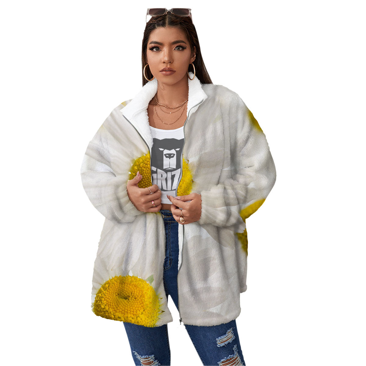 Flower White Daisy Print Women's Sherpa Jacket-grizzshop