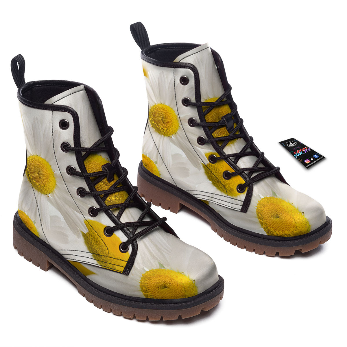 Flower White Daisy Print Work Boots-grizzshop