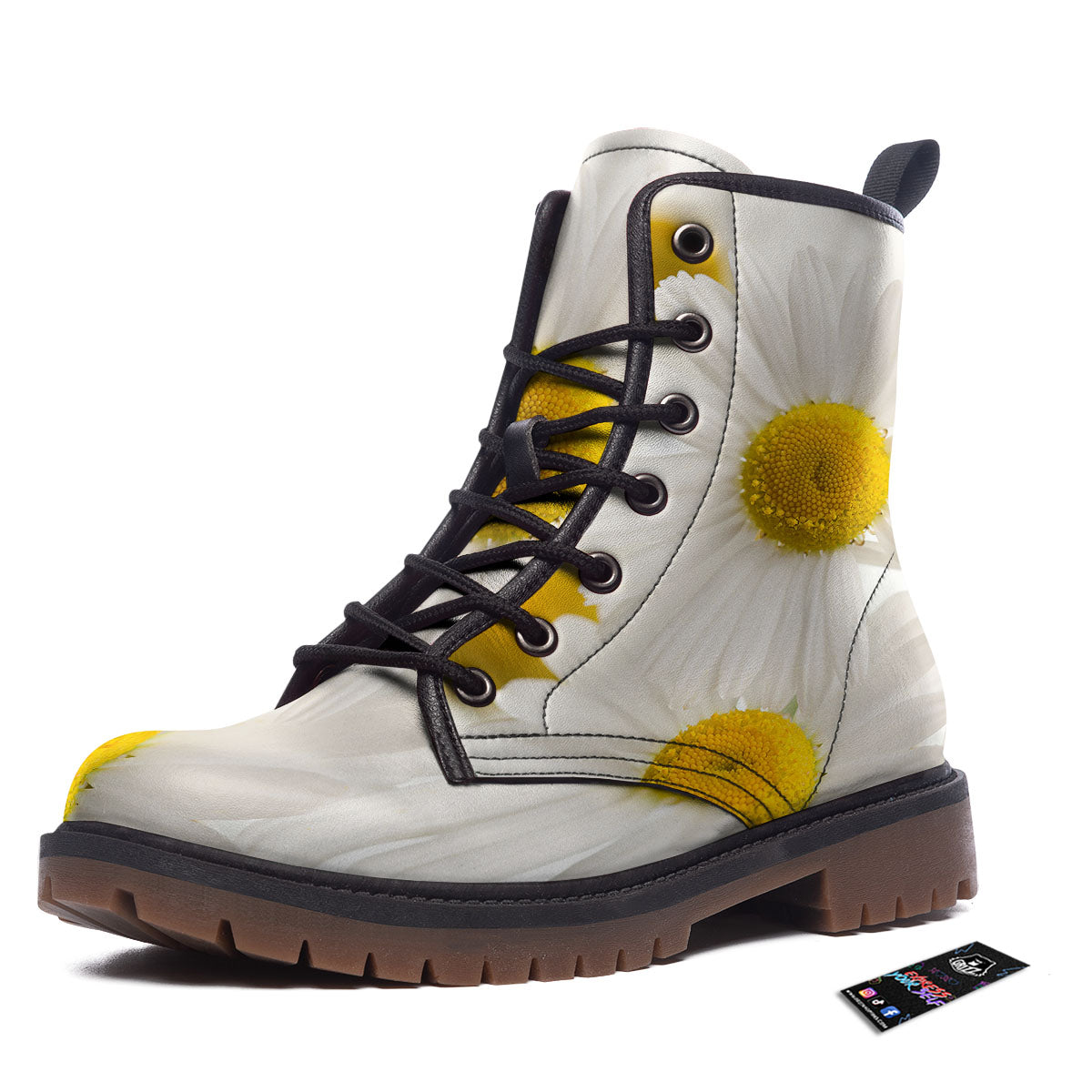 Flower White Daisy Print Work Boots-grizzshop
