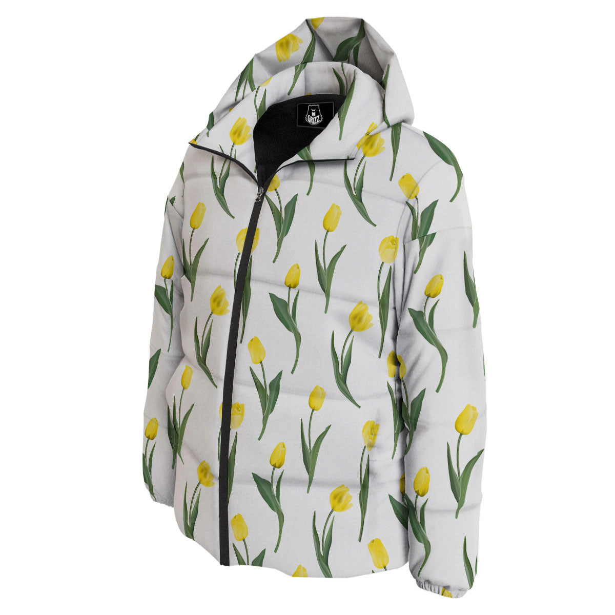 Flower Yellow Tulip White Print Pattern Down Jacket-grizzshop