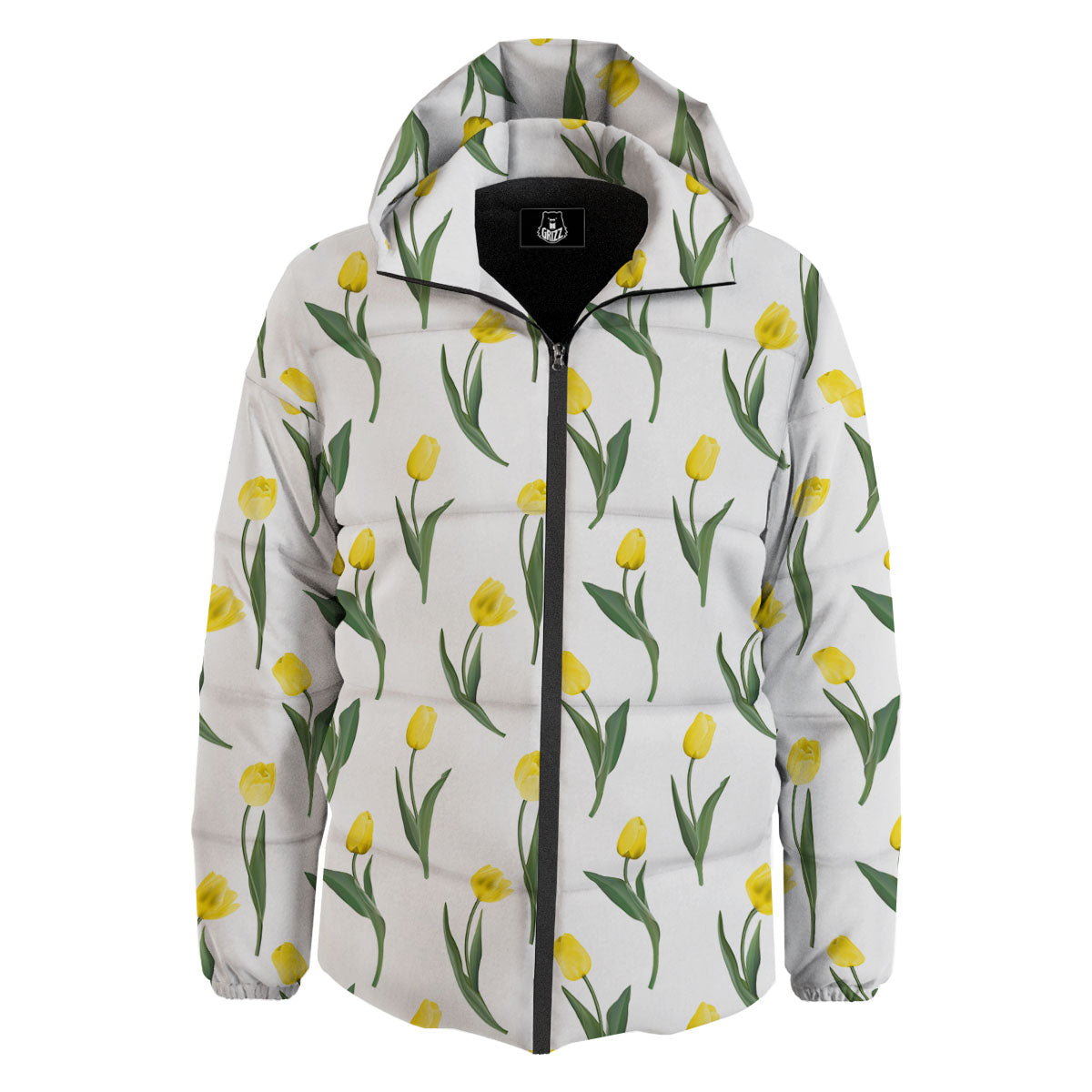 Flower Yellow Tulip White Print Pattern Down Jacket-grizzshop