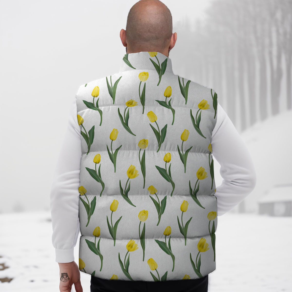 Flower Yellow Tulip White Print Pattern Down Vest-grizzshop