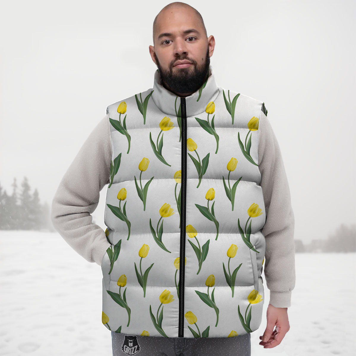 Flower Yellow Tulip White Print Pattern Down Vest-grizzshop