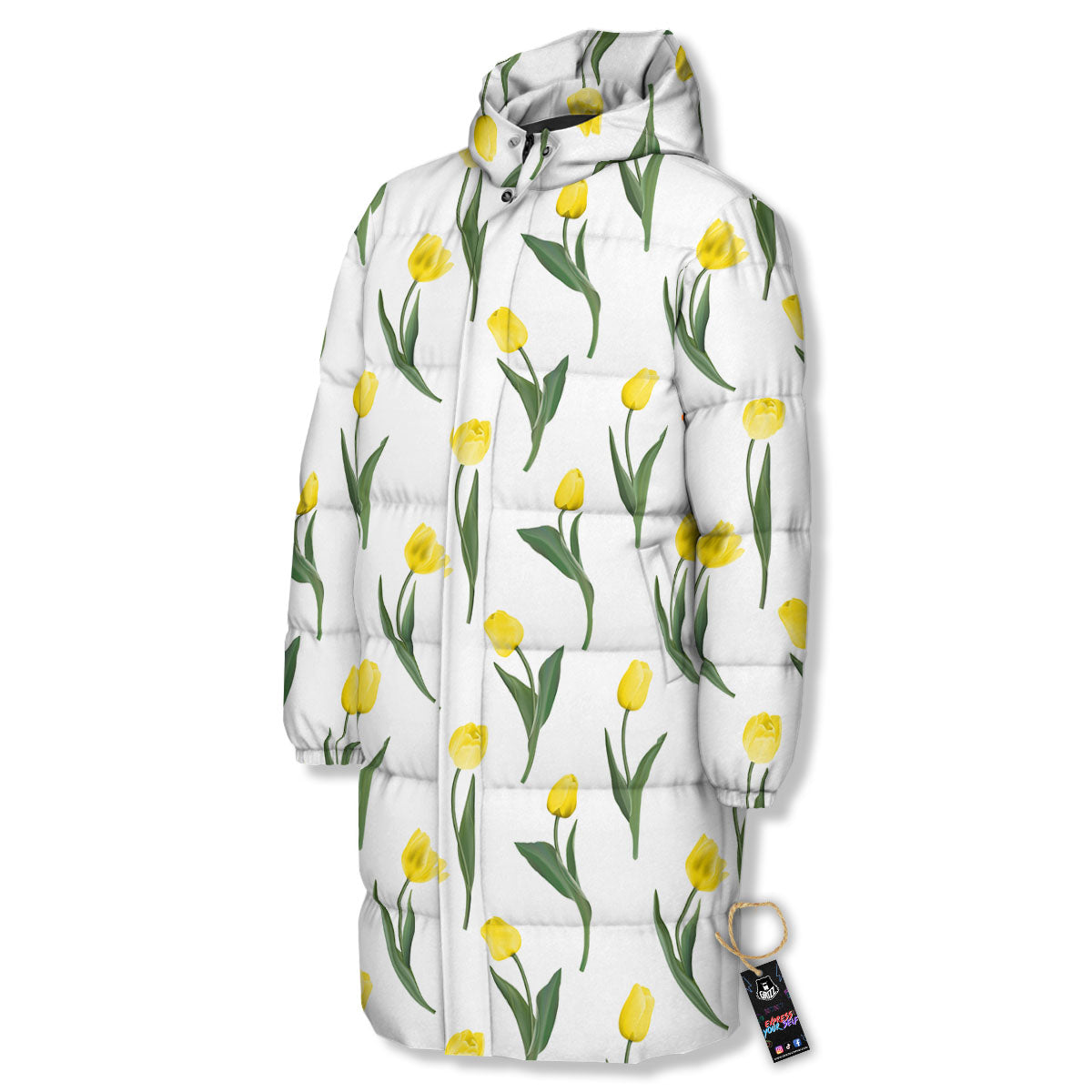 Flower Yellow Tulip White Print Pattern Long Down Jacket-grizzshop