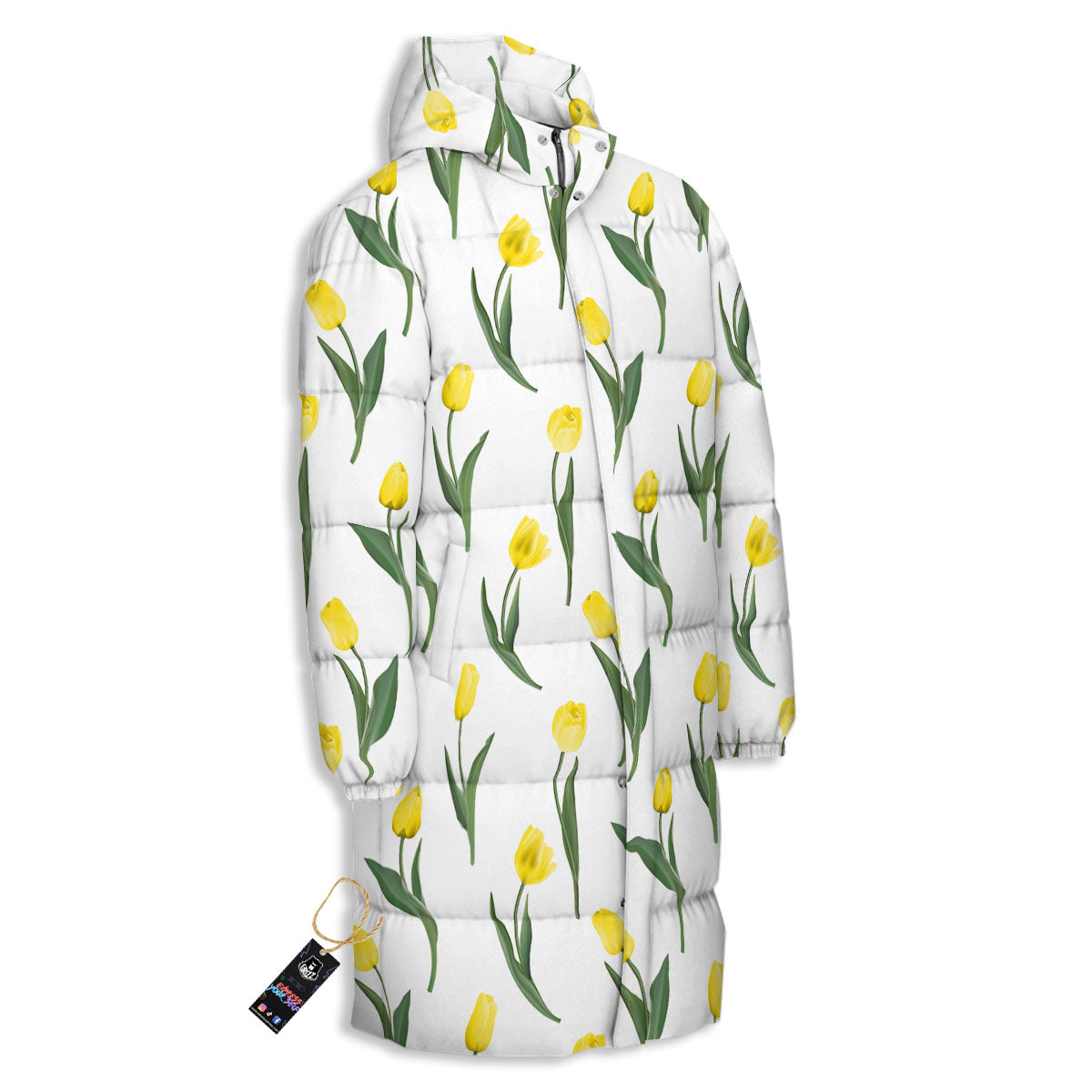 Flower Yellow Tulip White Print Pattern Long Down Jacket-grizzshop