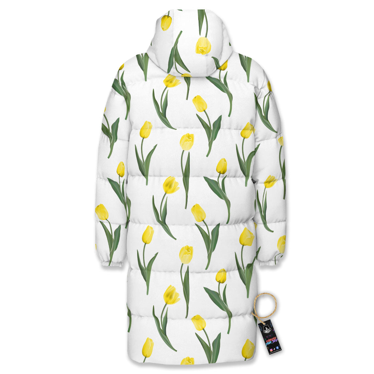 Flower Yellow Tulip White Print Pattern Long Down Jacket-grizzshop