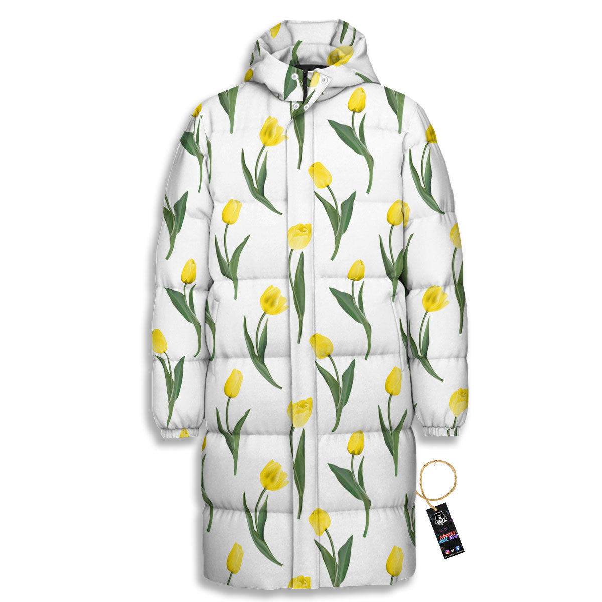 Flower Yellow Tulip White Print Pattern Long Down Jacket-grizzshop