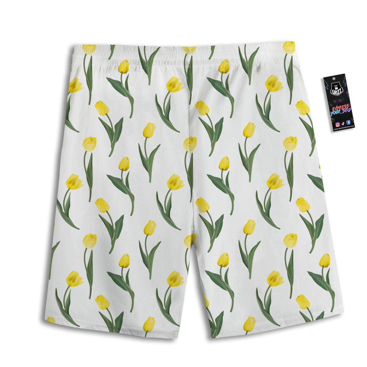 Flower Yellow Tulip White Print Pattern Men's Athletic Shorts-grizzshop