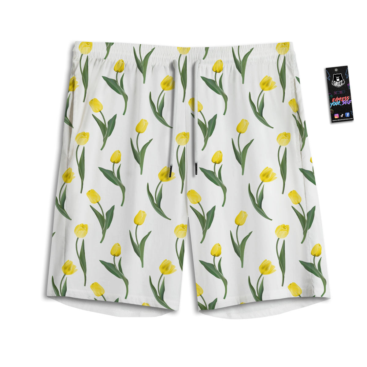 Flower Yellow Tulip White Print Pattern Men's Athletic Shorts-grizzshop