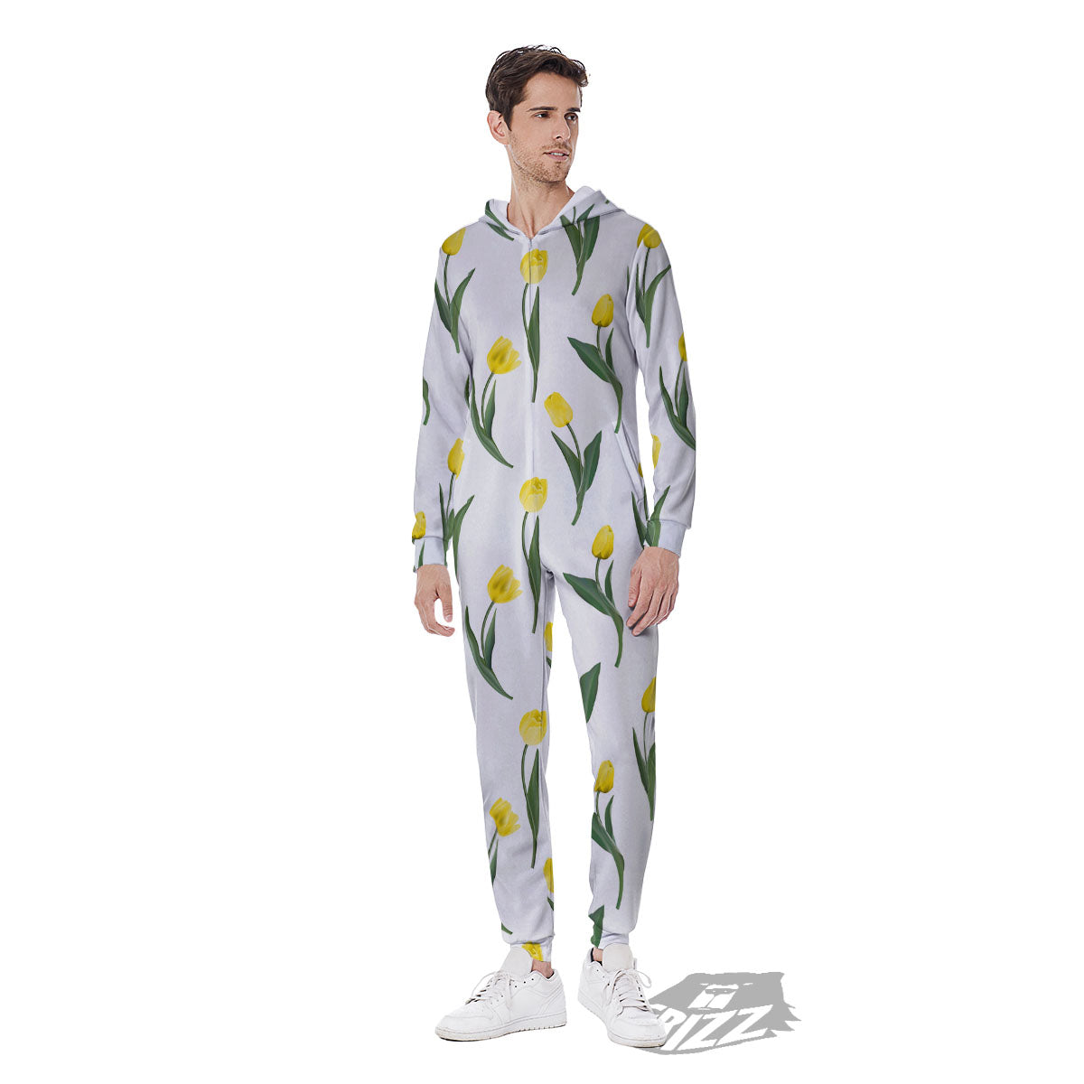 Flower Yellow Tulip White Print Pattern Men's Jumpsuit-grizzshop