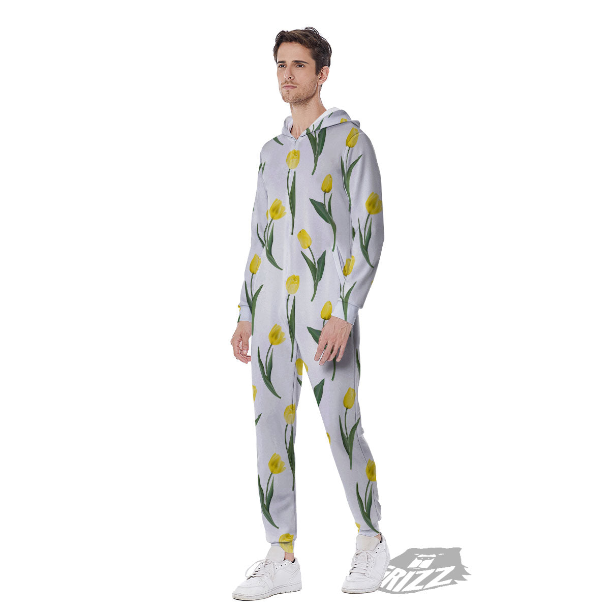 Flower Yellow Tulip White Print Pattern Men's Jumpsuit-grizzshop