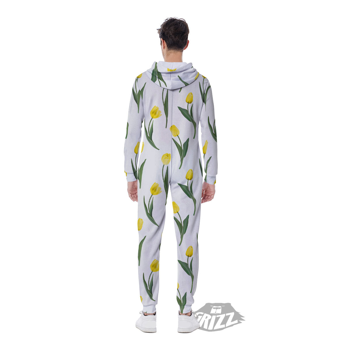 Flower Yellow Tulip White Print Pattern Men's Jumpsuit-grizzshop