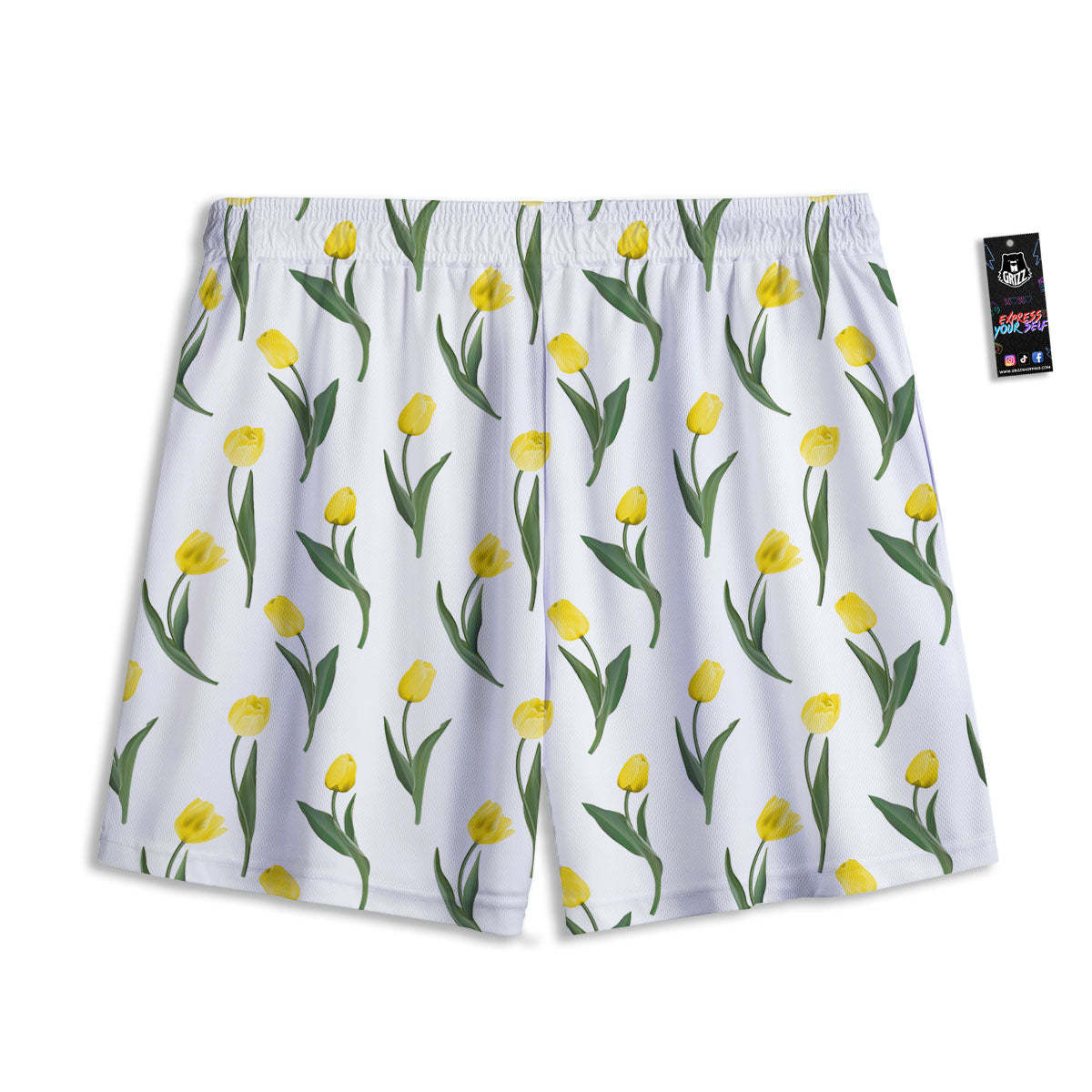 Flower Yellow Tulip White Print Pattern Mesh Shorts-grizzshop
