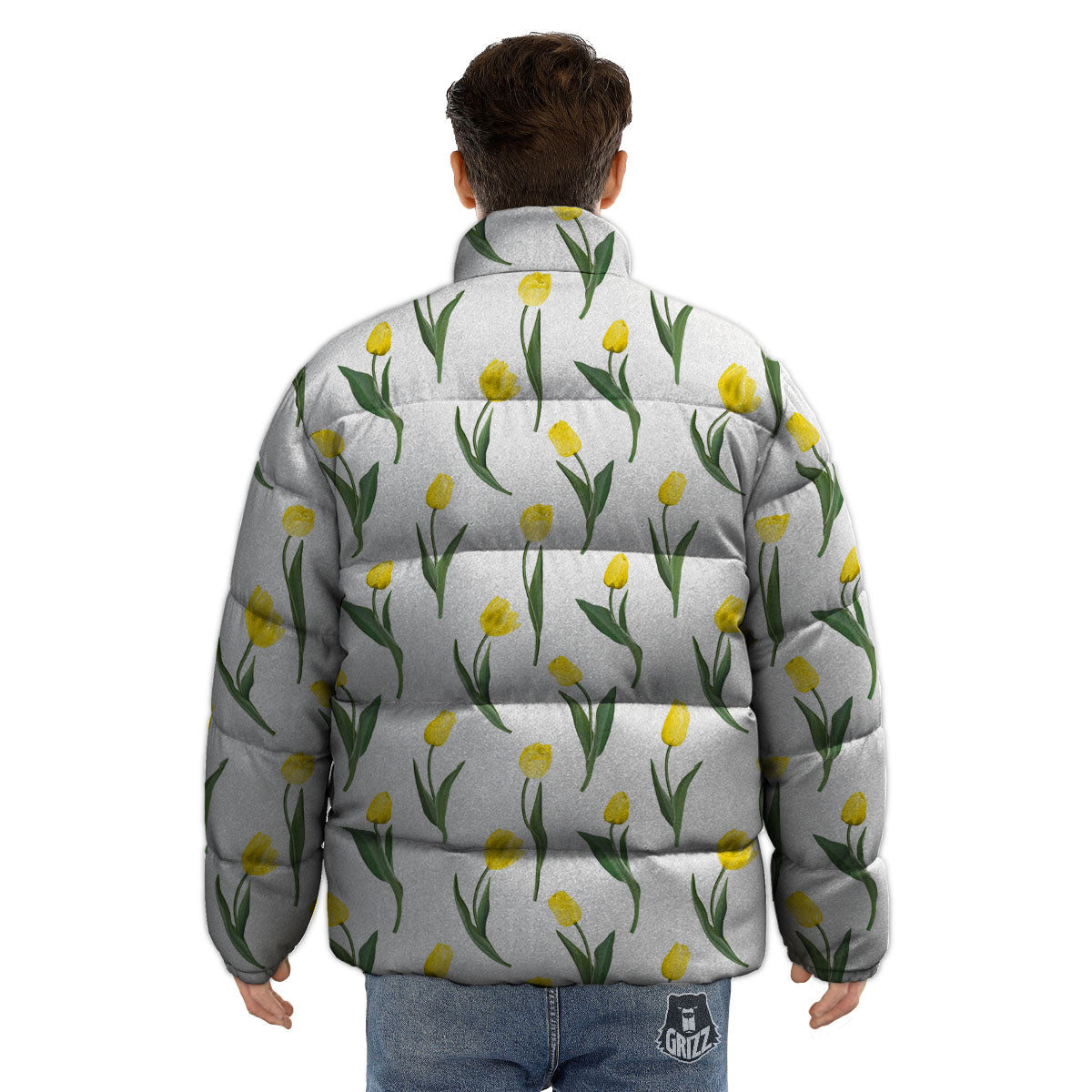 Flower Yellow Tulip White Print Pattern Puffer Jacket-grizzshop
