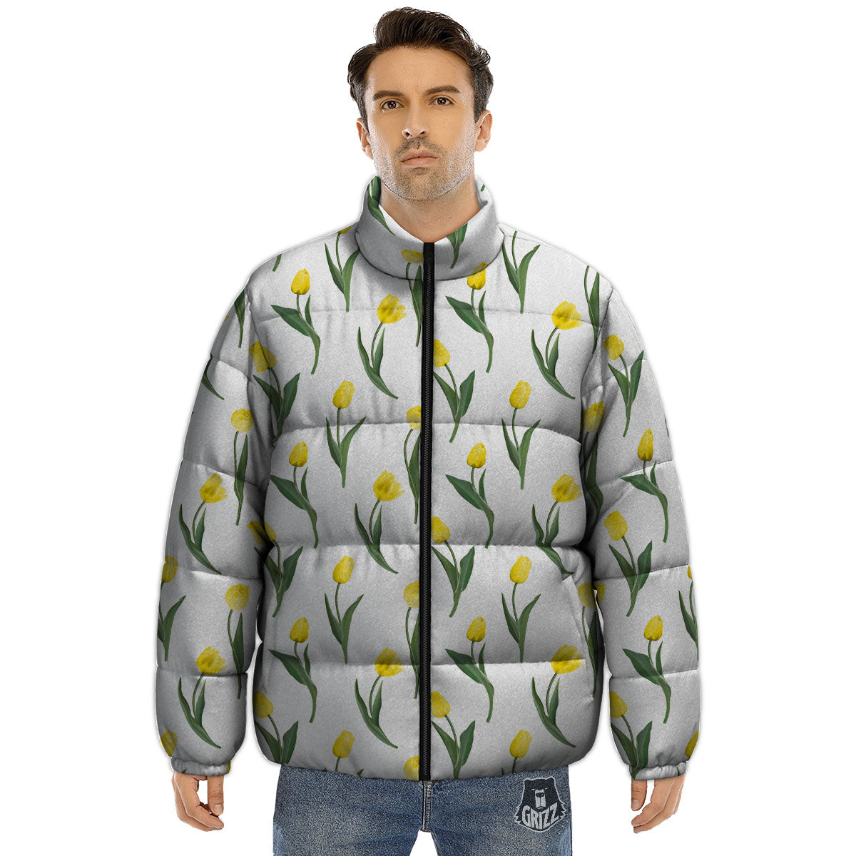 Flower Yellow Tulip White Print Pattern Puffer Jacket-grizzshop