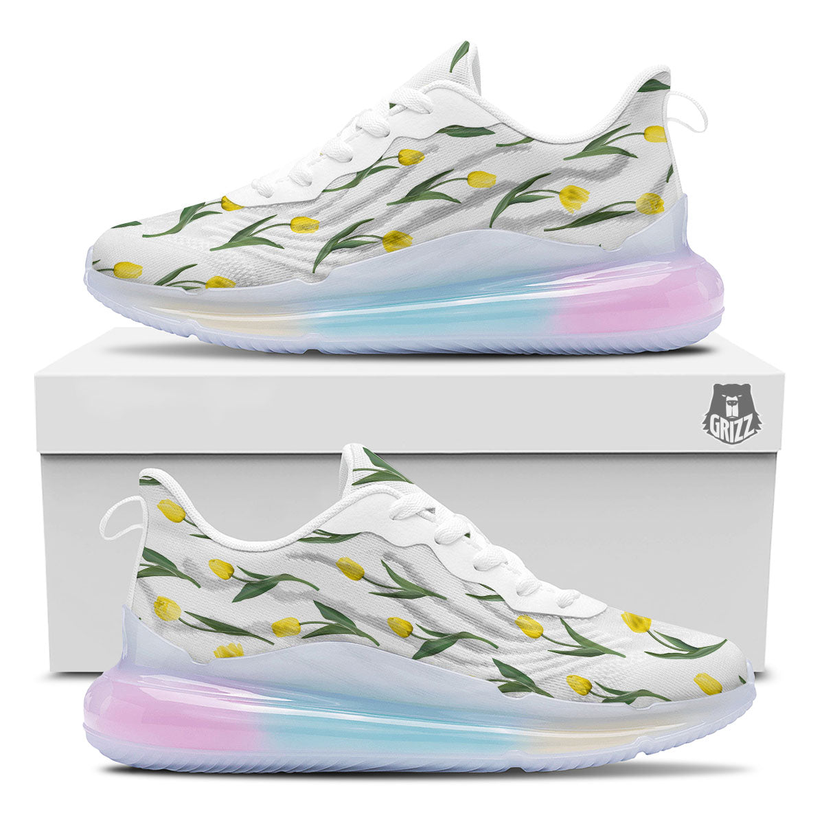 Flower Yellow Tulip White Print Pattern Running Sneakers-grizzshop