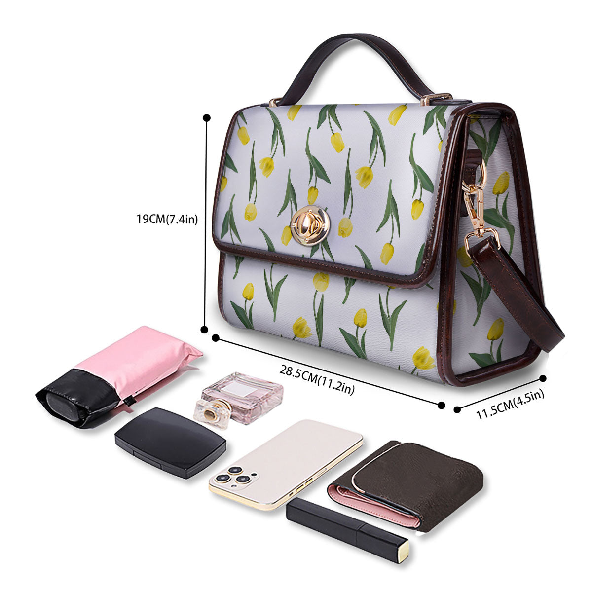 Flower Yellow Tulip White Print Pattern Women's Satchel Bag-grizzshop