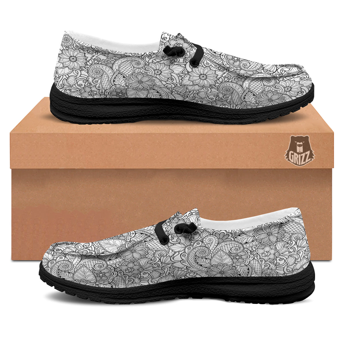 Flower Zentangle Print Pattern Black Loafers-grizzshop