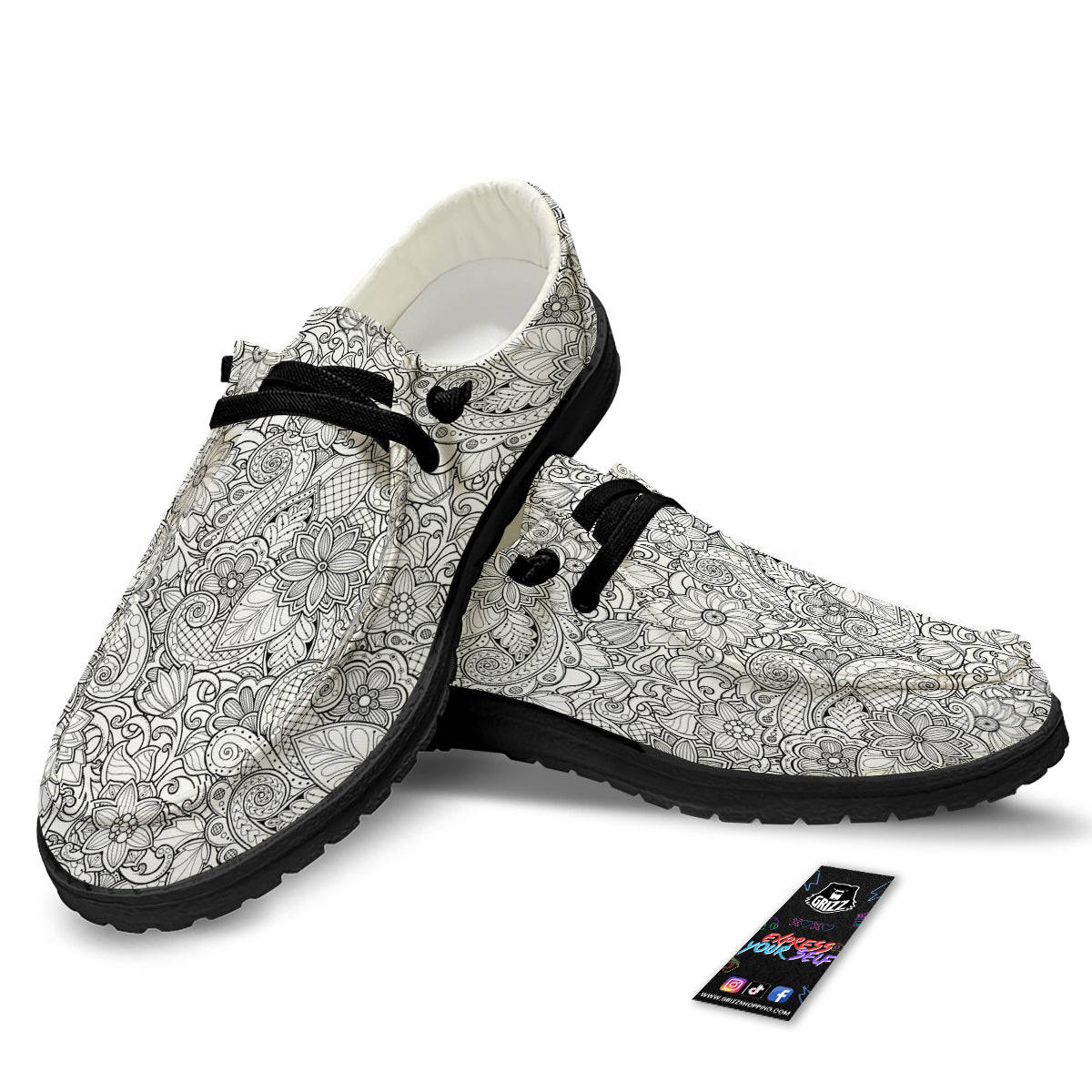 Flower Zentangle Print Pattern Black Loafers-grizzshop