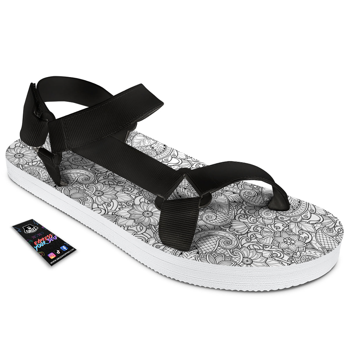 Flower Zentangle Print Pattern Black Open Toe Sandals-grizzshop