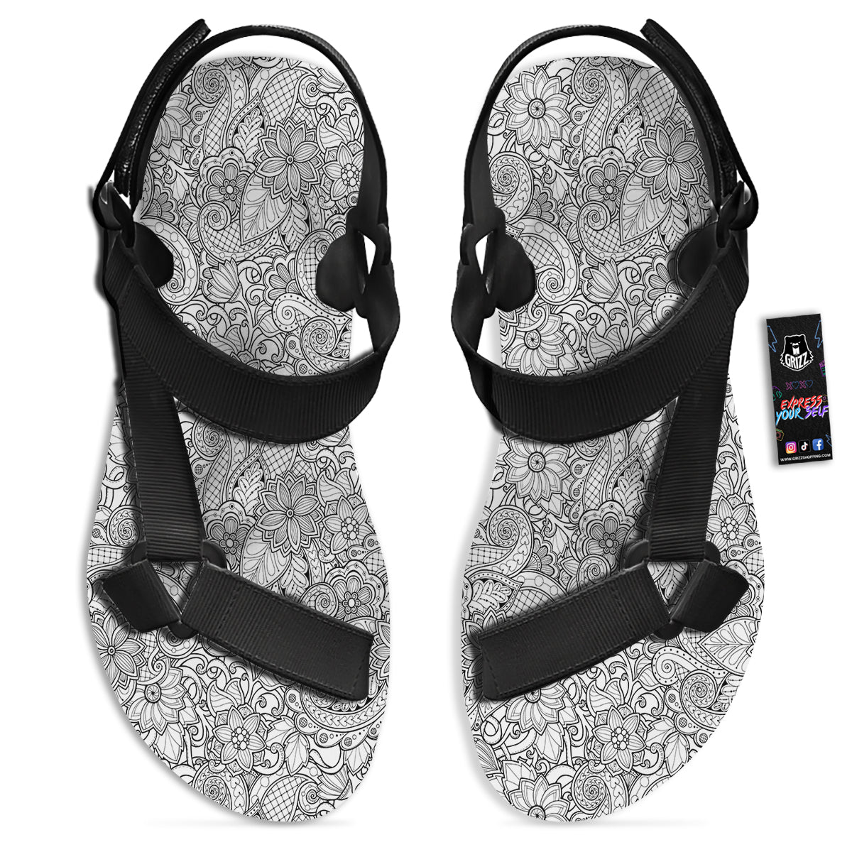 Flower Zentangle Print Pattern Black Open Toe Sandals-grizzshop